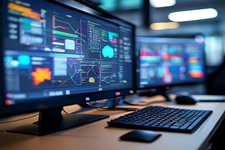 close-up-of-dual-monitors-displaying-complex-network-diagrams-and-server-status-dashboards-blurred Bir Bilgi Teknolojileri Uzmanının Bir Günü: Dijital Dünyanın Görünmez Kahramanı
